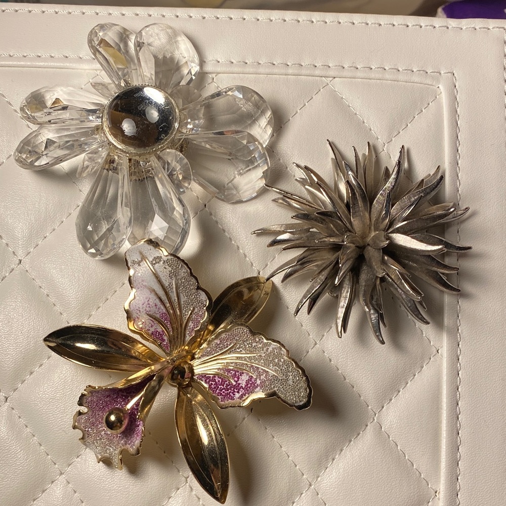 Three Giant Brooch Elegant Silver and Gold Brooch Set